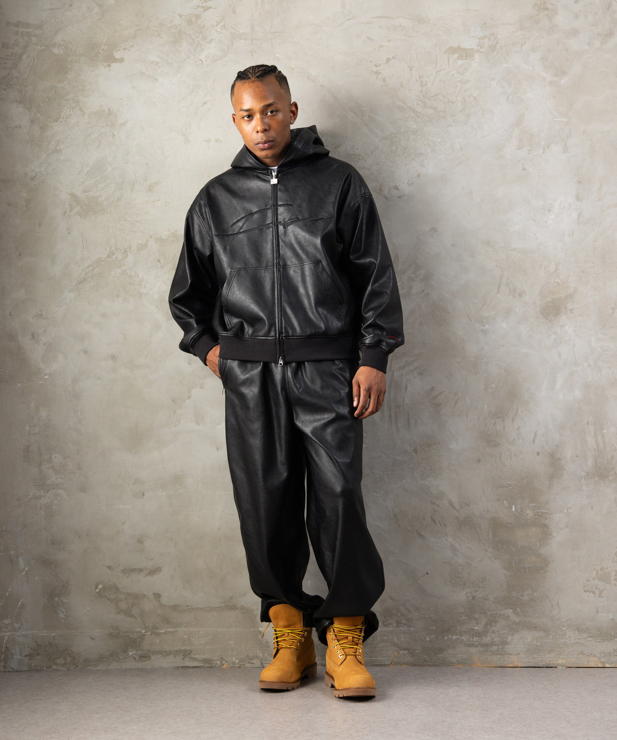 【NEW】FAUX LEATHER ZIP HOODIE/フェイクレザージップフーディー【FAM-62300】