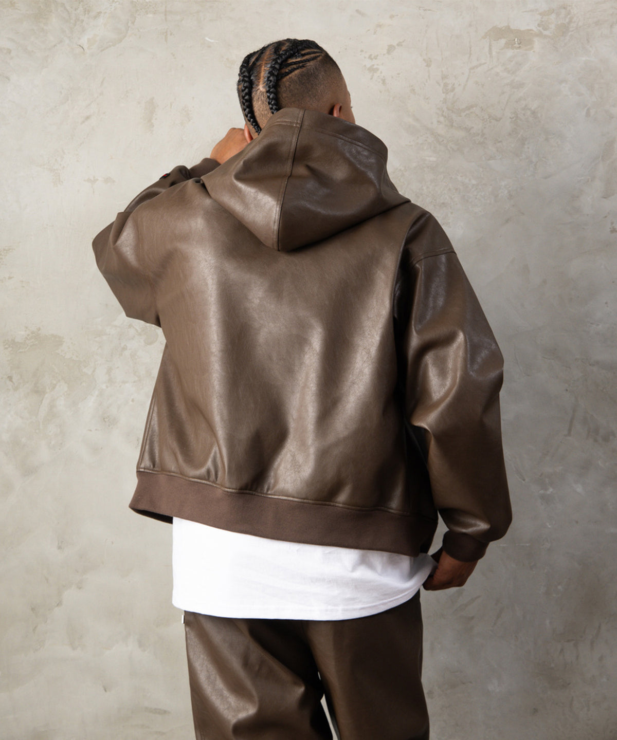 【NEW】FAUX LEATHER ZIP HOODIE/フェイクレザージップフーディー【FAM-62300】