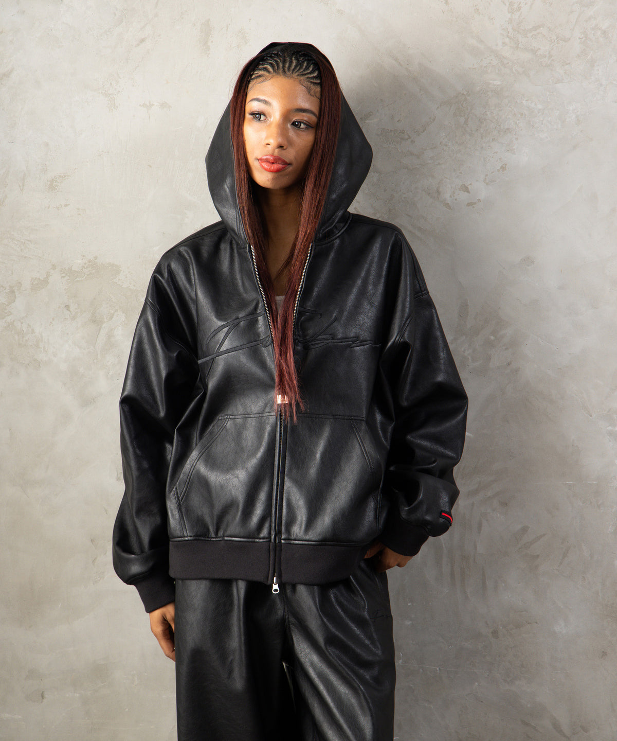 【NEW】FAUX LEATHER ZIP HOODIE/フェイクレザージップフーディー【FAM-62300】