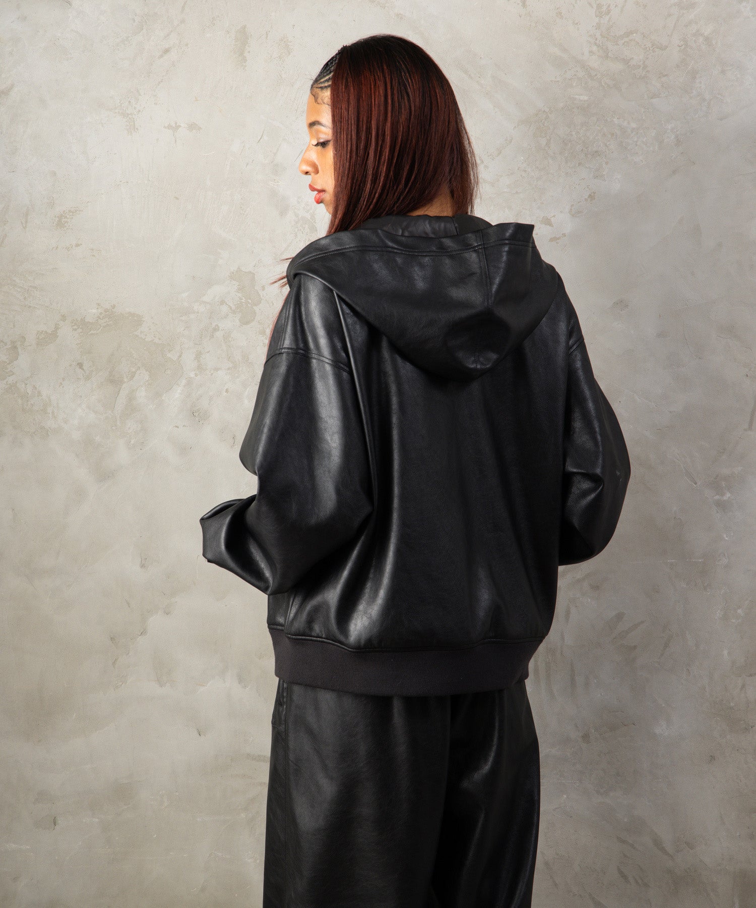 FAUX LEATHER ZIP HOODIE/フェイクレザージップフーディー【FAM-62300
