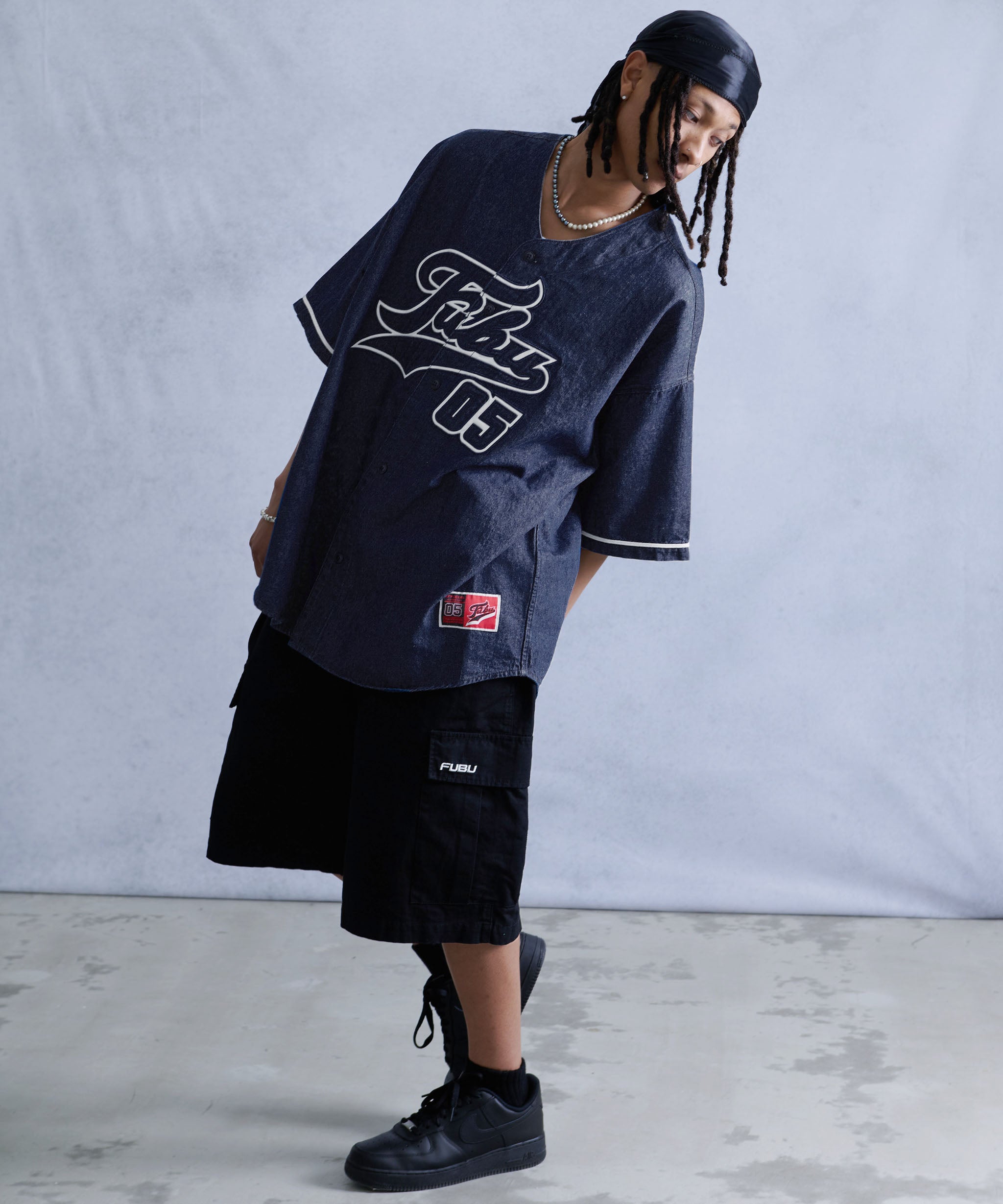 FUBU フブ トップス デニム ベースボール シャツ ロゴ 刺繍 半袖シャツ