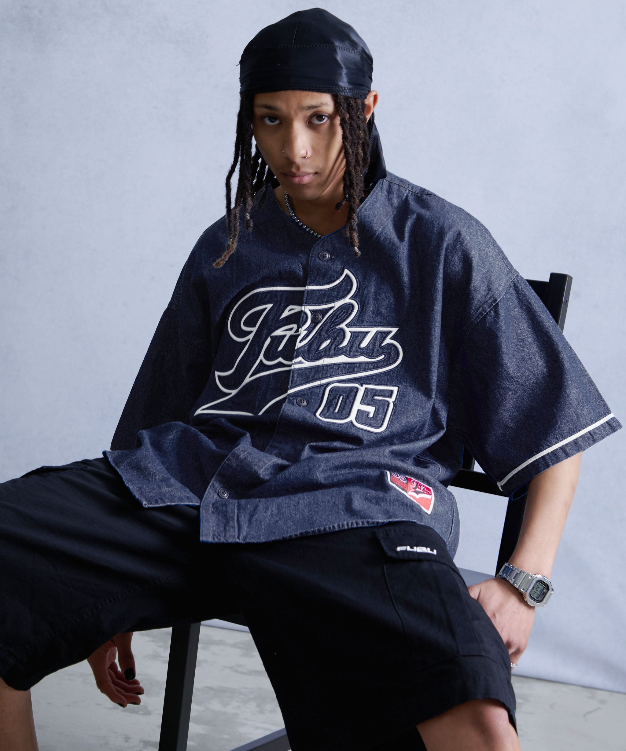 FUBU フブ トップス デニム ベースボール シャツ ロゴ 刺繍 半袖シャツ