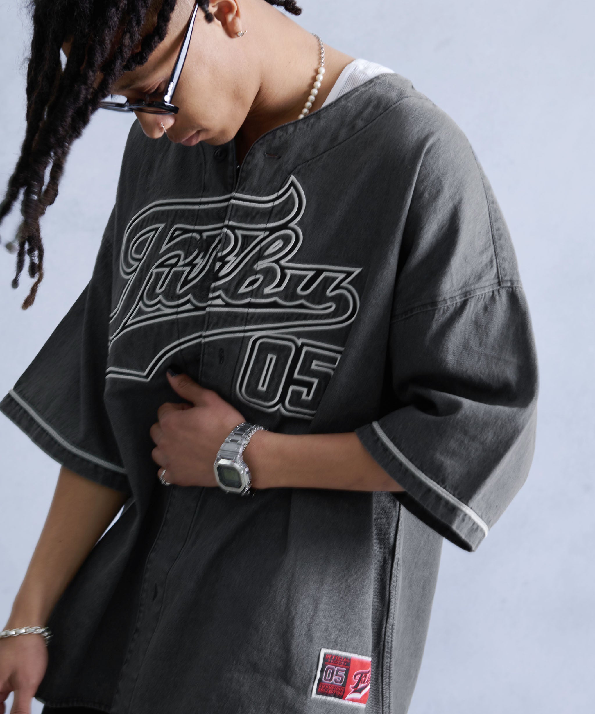 FUBU フブ トップス デニム ベースボール シャツ ロゴ 刺繍 半袖シャツ