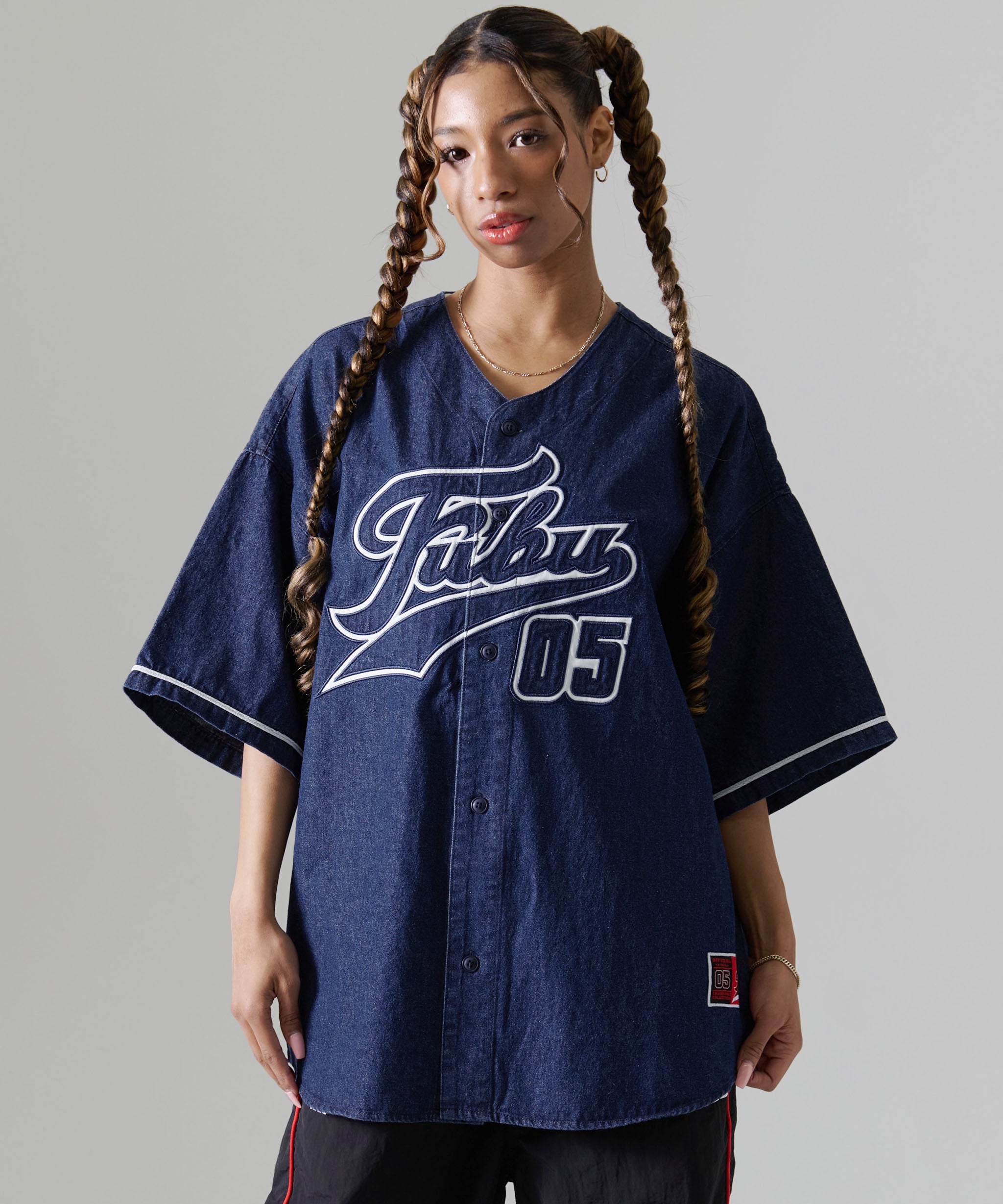 FUBU フブ トップス デニム ベースボール シャツ ロゴ 刺繍 半袖シャツ