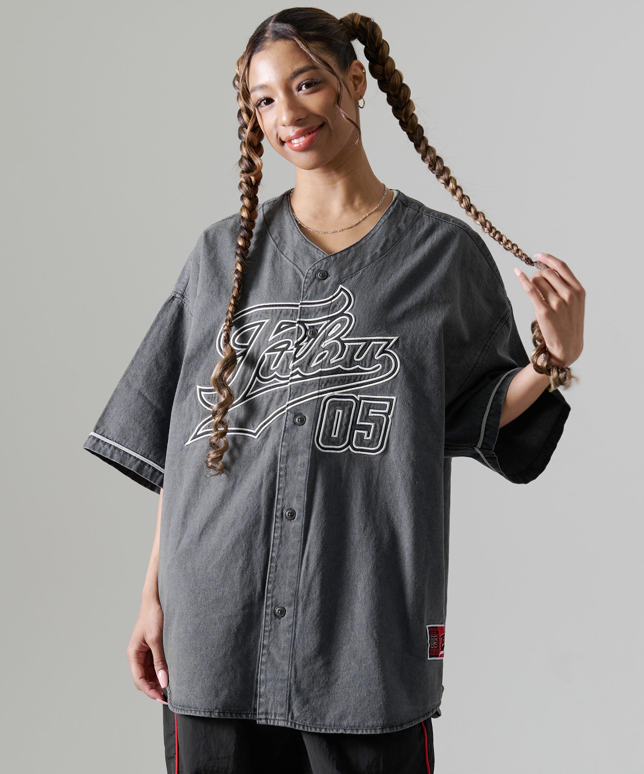 FUBU フブ トップス デニム ベースボール シャツ ロゴ 刺繍 半袖シャツ