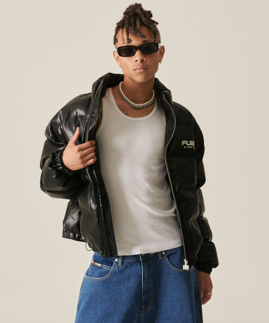 【ショート丈】ECO LEATHER PUFFER JACKET/エコレザーパファージャケット【FAM-42302】