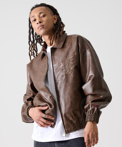 FAUX LEATHER STUDS PATCH JACKET/フェイクレザー スタンドパッチ ジャケット【FAM-52302】