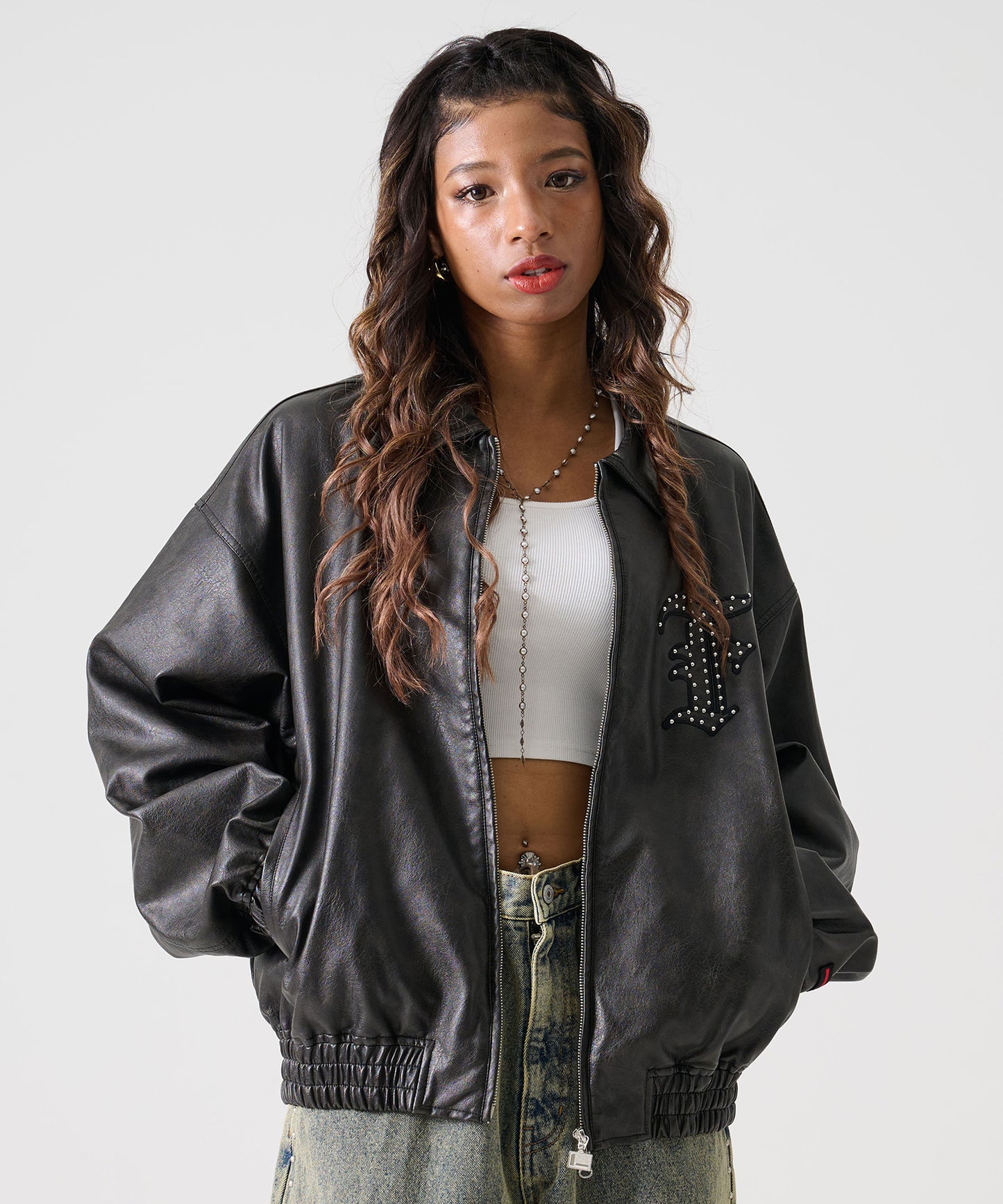 FAUX LEATHER STUDS PATCH JACKET/フェイクレザー スタンドパッチ ジャケット【FAM-52302】