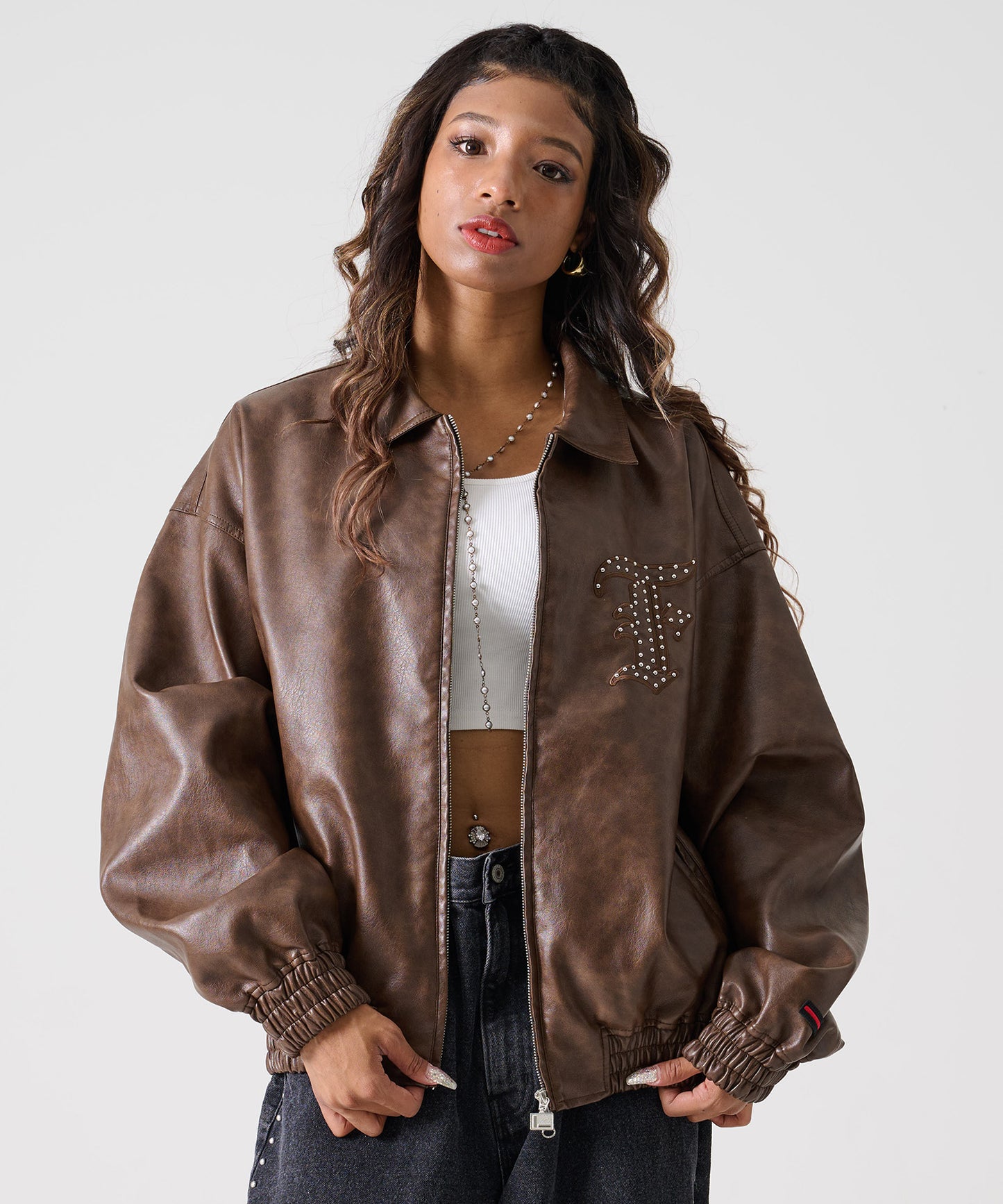 FAUX LEATHER STUDS PATCH JACKET/フェイクレザー スタンドパッチ ジャケット【FAM-52302】