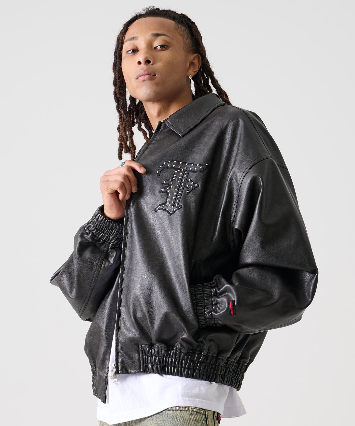 FAUX LEATHER STUDS PATCH JACKET/フェイクレザー スタンドパッチ ジャケット【FAM-52302】