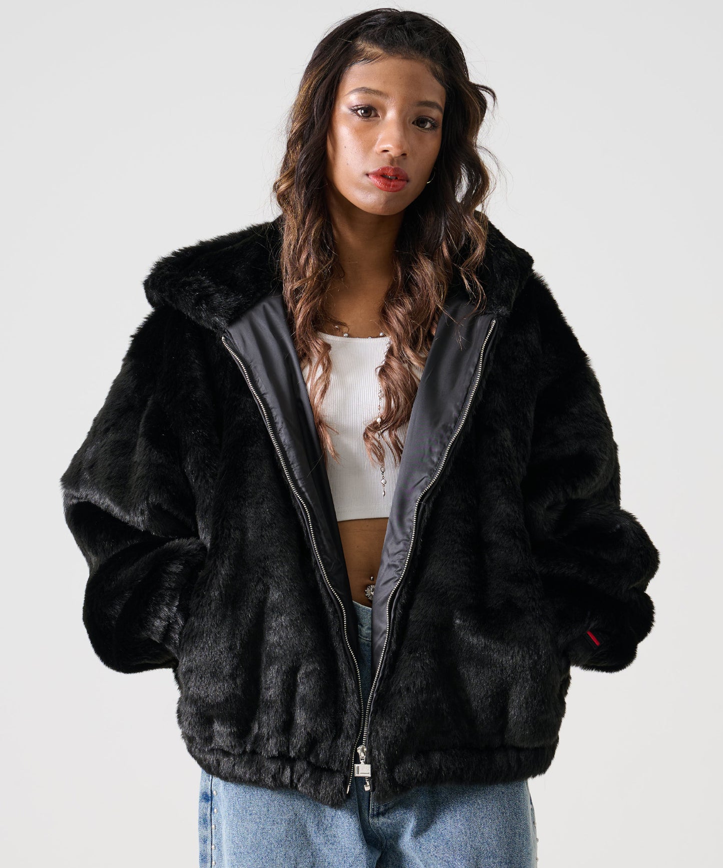 FAUX FAR HOODED JACKET/フェイクファー フード ジャケット【FAM-52311】