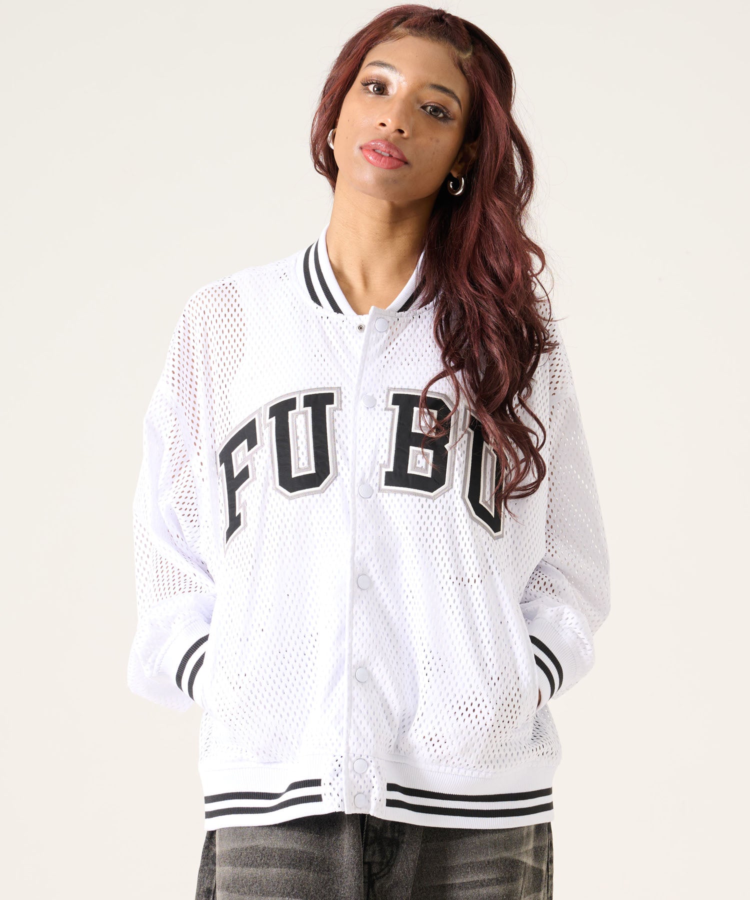 FUBU フブ メッシュ バーシティ ジャケット。FUBUはアメリカの代表的な