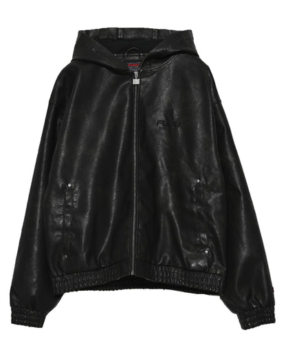 FAUX LEATHER SHORT HOODED JACKET/フェイクレザー ショートフード付きジャケット【FAM-61303】