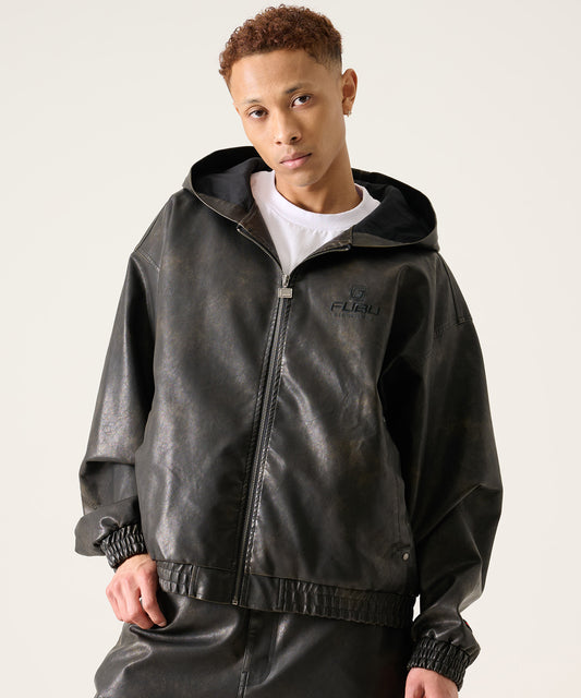FAUX LEATHER SHORT HOODED JACKET/フェイクレザー ショートフード付きジャケット【FAM-61303】