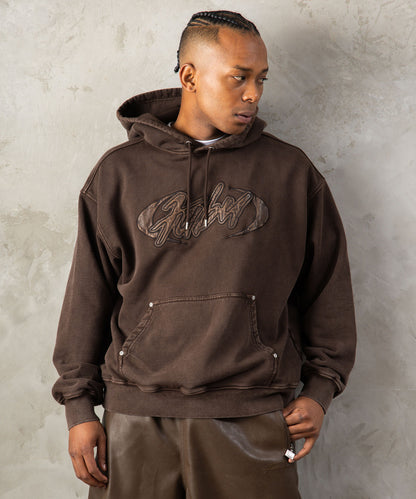 【NEW】FAUX LEATHER PATCH HOODIE/フェイクレザーパッチフーディー【FAM-62704】