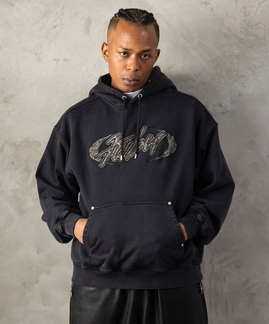 【NEW】FAUX LEATHER PATCH HOODIE/フェイクレザーパッチフーディー【FAM-62704】