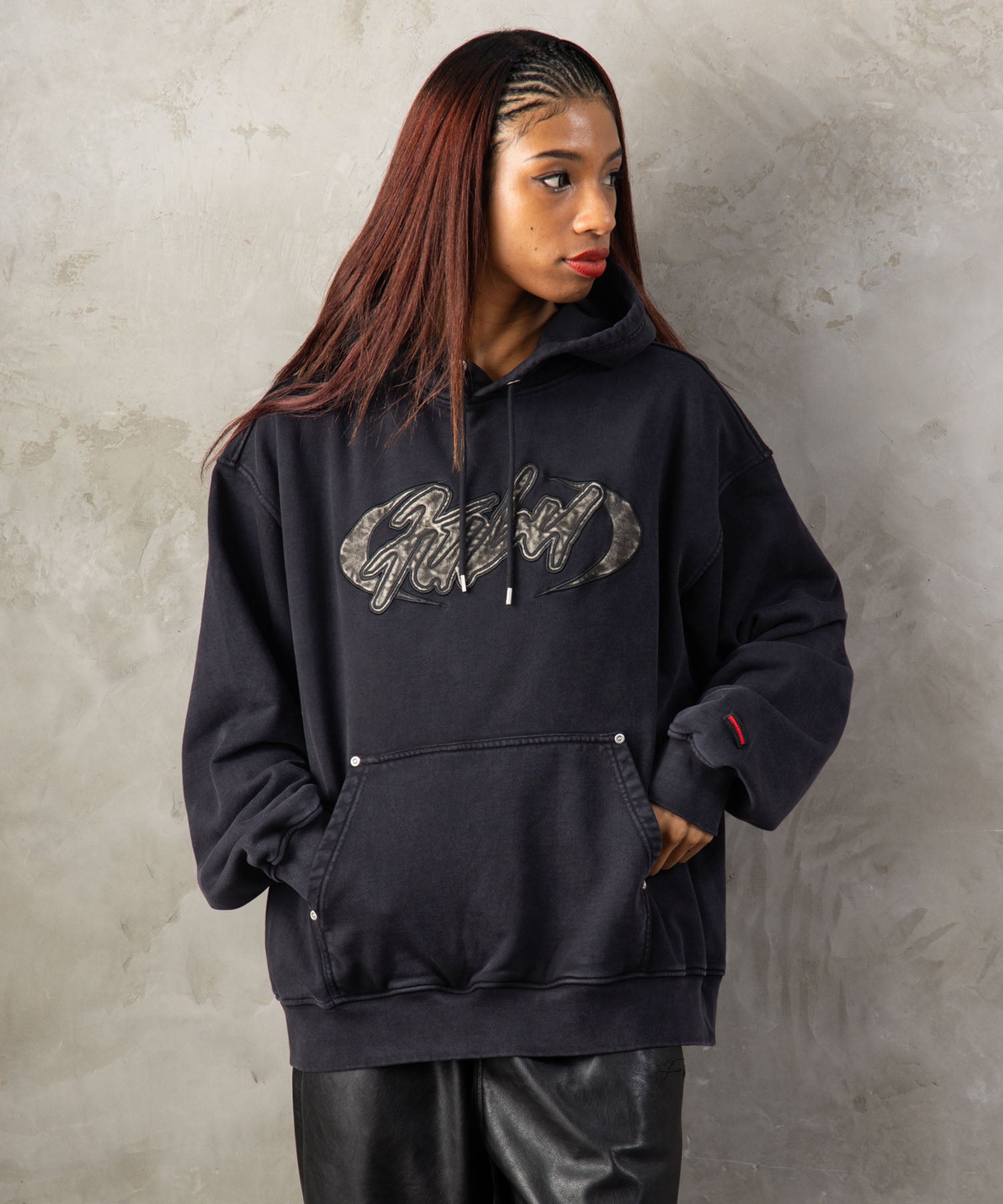 reward if found ボーダーカットソー　パーカーズアツム着用 FAUX LEATHER PATCH HOODIE/フェイクレザーパッチフーディー【FAM