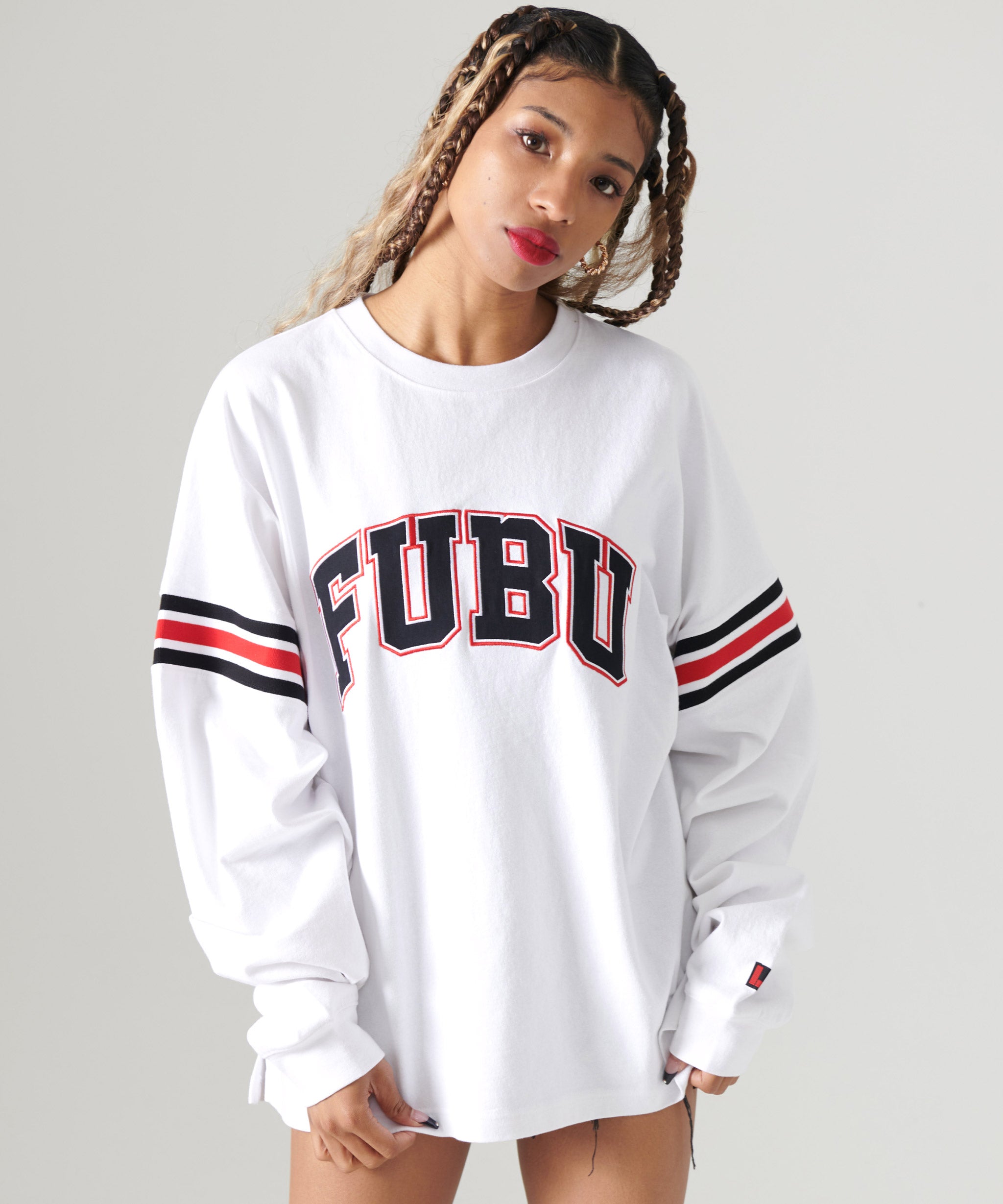 FUBU フブ 長袖 Tシャツ ツイルワッペン ロゴ アームホールライン